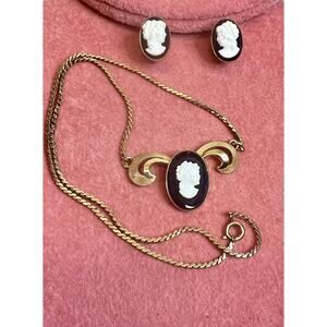 Vintage Van Dell 12K GF Cameo Lady Black Onyx Glass Necklace with Earrings